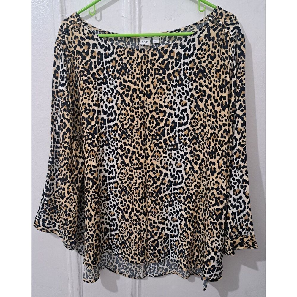 Gap Xl Womens Top Flowy Breezy Boat Neck Wide Sleeve Blouse Leopard Black Tan